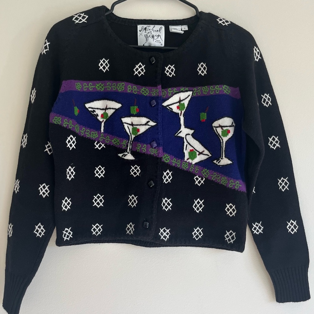 Michael Simon Black Cardigan Sweater with Purple Martini Pattern